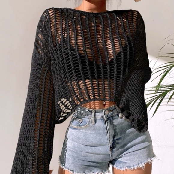 Knit Bell Sleeve Netted Sweater - Picture 1 of 15